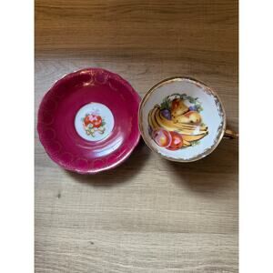 Vtg Fruits Banana Pear Peach Teacup and Plate Made in Japan Red